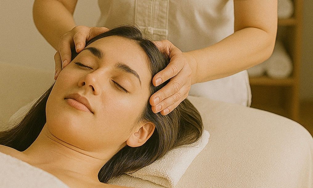 Person receiving a relaxing head massage at a spa, lying on a massage table with eyes closed.