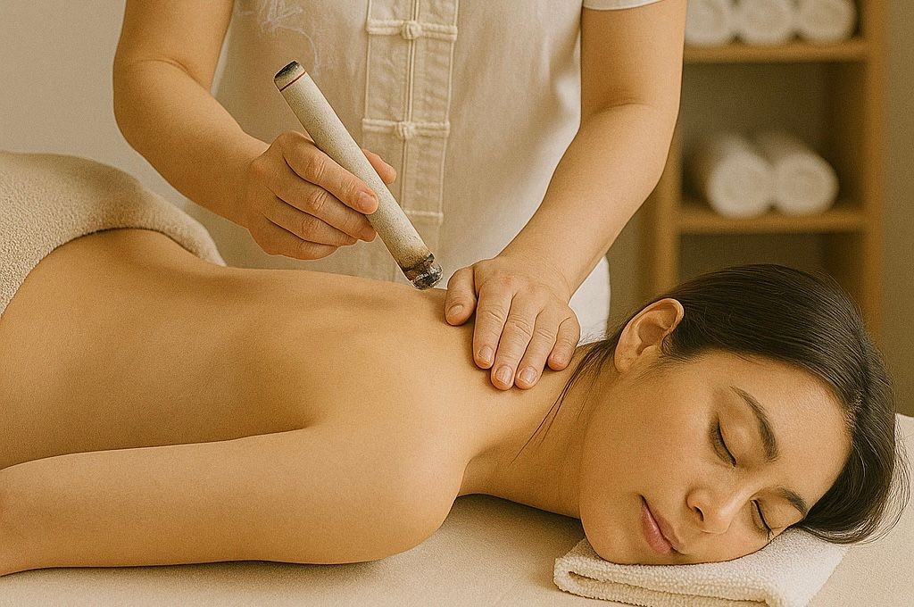 Person receiving a relaxing massage with moxibustion treatment in a spa setting.
