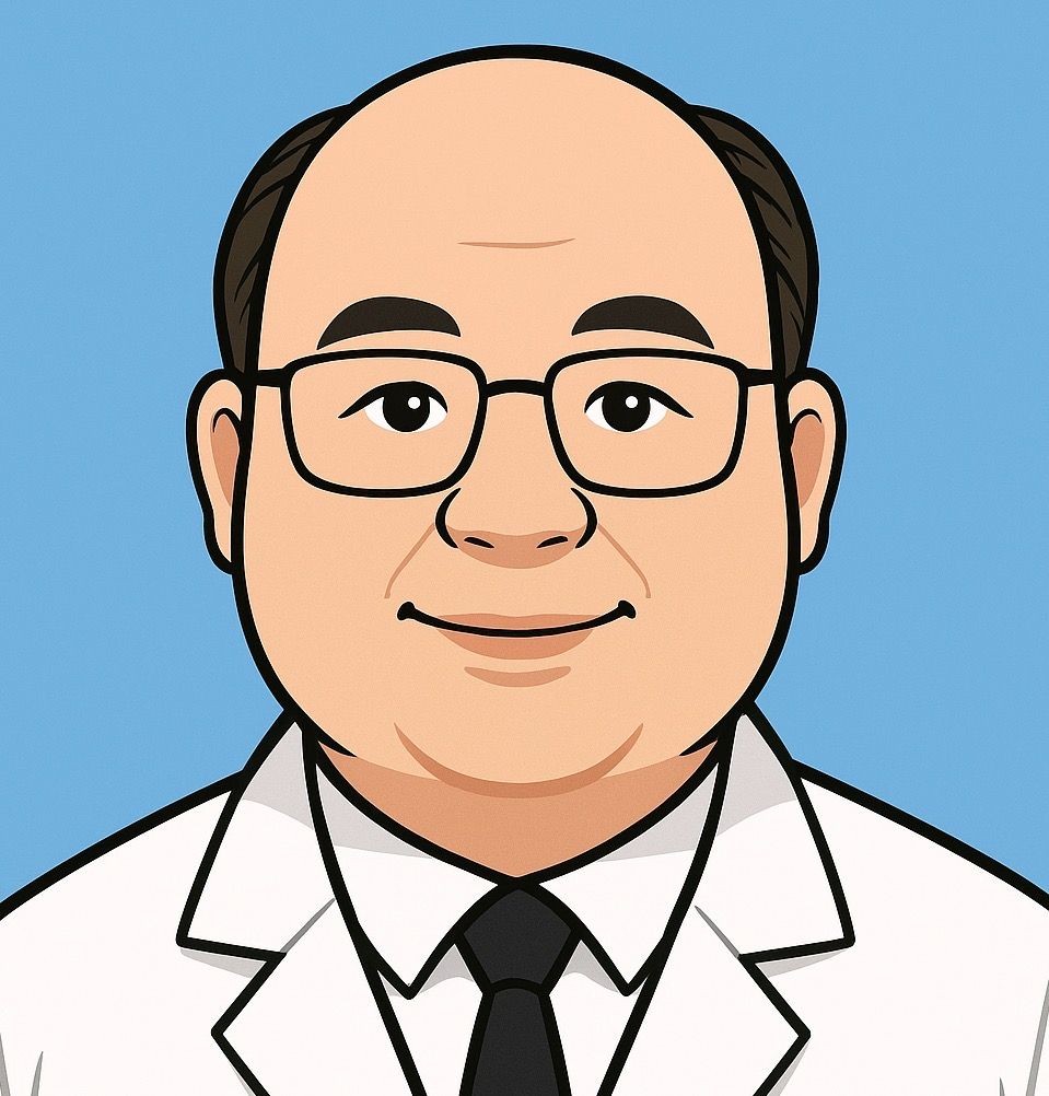 Illustration of a person with glasses and a white coat against a blue background.