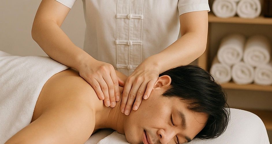 Person receiving a neck massage in a spa with rolled towels on the shelf in the background.